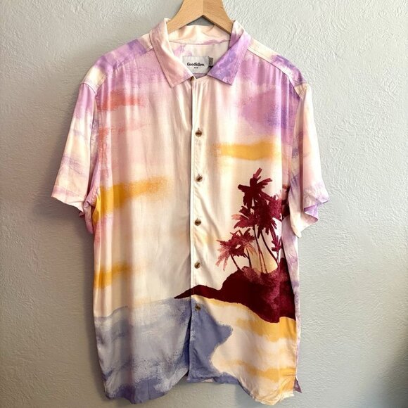 Goodfellow & Co Mens L Button Down Sunset Hawaiian Luau Lightweight Shirt Purple - Picture 1 of 10